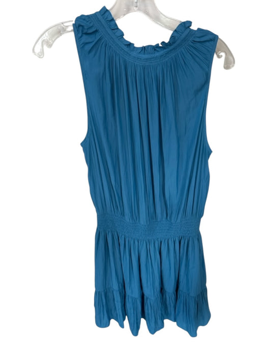 Evereve Size L Teal Blue Polyester Sleeveless Smocked Waist Ruffles Dress Teal Blue / L