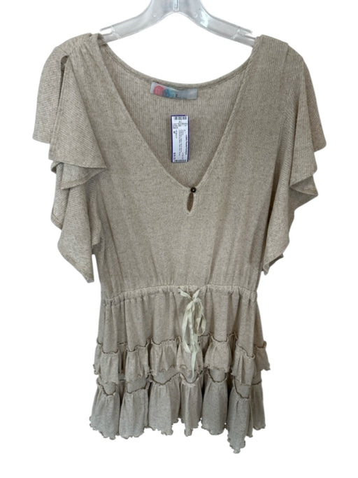 FP Beach Size M Oatmeal Cotton Short Sleeve Drawstring Waist Raw Hem Dress Oatmeal / M