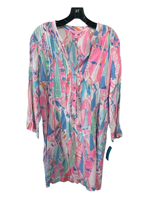 Lilly Pulitzer Size M White Pink & blue Rayon Abstract Floral Pleated Dress White Pink & blue / M