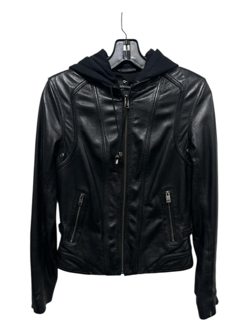 Lamarque Size XS Black Leather Zip Front Hood Dickey Moto Jacket Black / XS