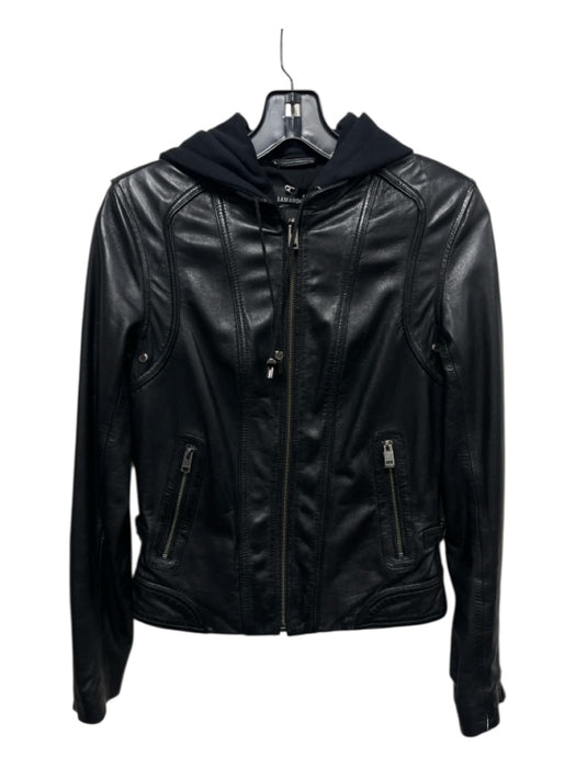 Lamarque Size XS Black Leather Zip Front Hood Dickey Moto Jacket Black / XS