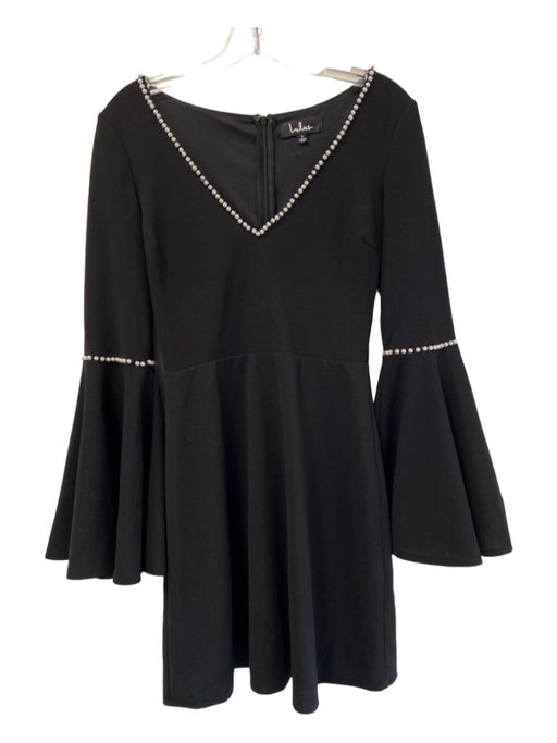 Lulus Size S Black Polyester V Neck Pearl Trim Bell Sleeves Fit & Flare Dress Black / S