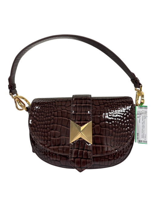 Mac Duggal Brown Patent Leather Croc Embossed Shoulder Gold Tone Hardware Bag Brown / M