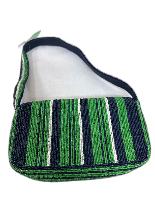 Anthropologie Blue, Green, White Polyester Cotton Lining Beaded Stripe Flap Bag Blue, Green, White / S