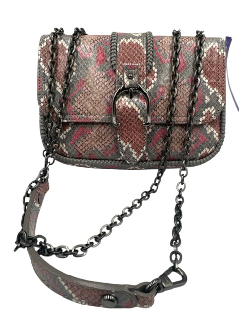 Longchamp Gray, White & Pink Leather Multi snake print embossed Crossbody Bag Gray, White & Pink / Small