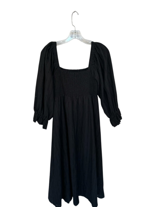 Hutch Black Cotton Eyelet Detail smocked 3/4 Balloon Sleeve Maxi Dress Black