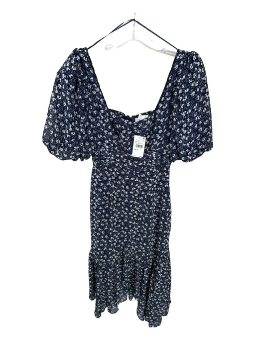 ASTR Size XS Navy & white Polyester Short Balloon Sleeve Floral Midi Dress Navy & white / XS