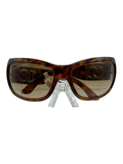 Chanel Brown Acetate Tortoiseshell Round Square Lens Gold Logo Sunglasses Brown