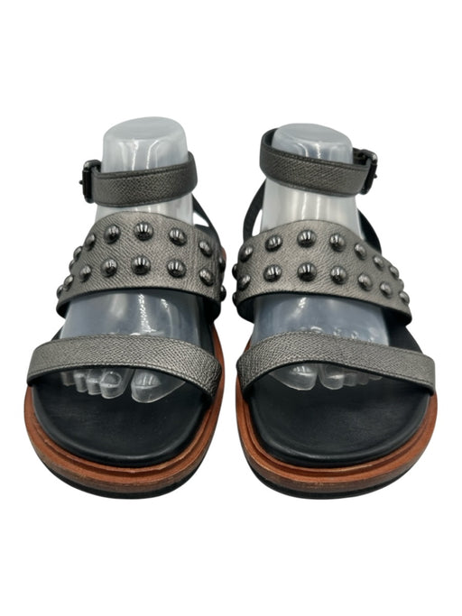 Coach Shoe Size 11 Silver, Black, Brown Leather Toe Strap Studded Flat Sandals Silver, Black, Brown / 11