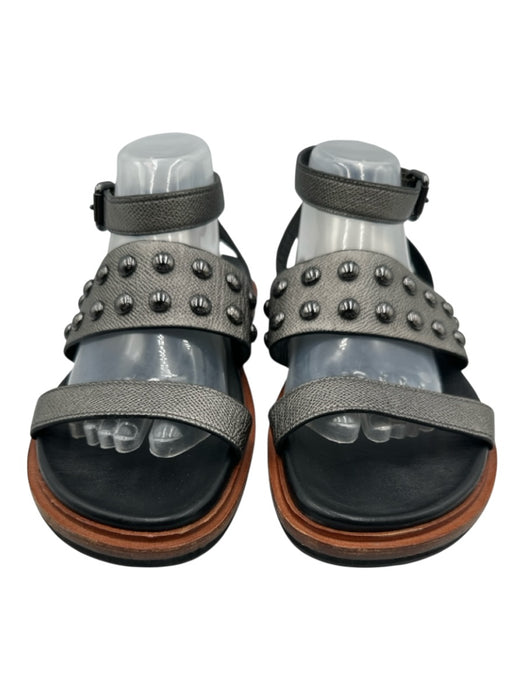 Coach Shoe Size 11 Silver, Black, Brown Leather Toe Strap Studded Flat Sandals Silver, Black, Brown / 11