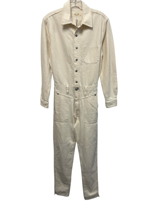 Rag & Bone Size S Ecru Cream Cotton Denim Snaps Long Sleeve Collar Jumpsuit Ecru Cream / S