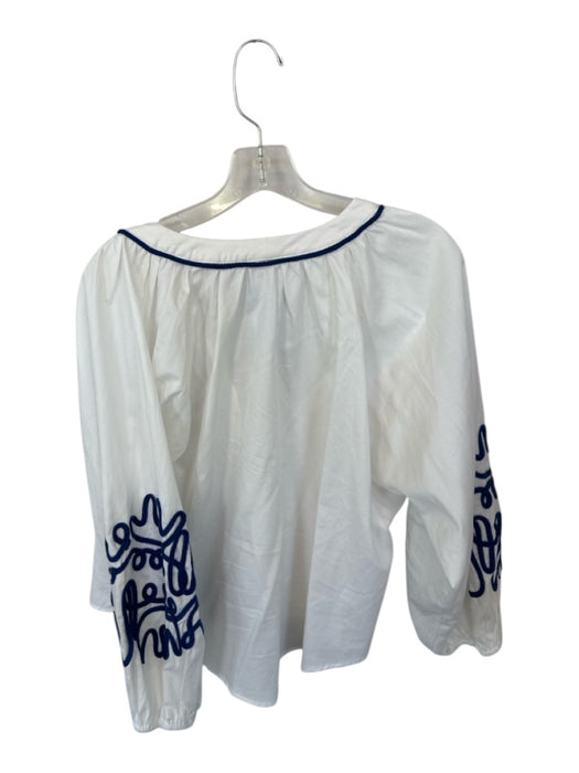 TCEC Size M White & Blue Cotton Long Sleeve Rope Detail V Neck Top White & Blue / M