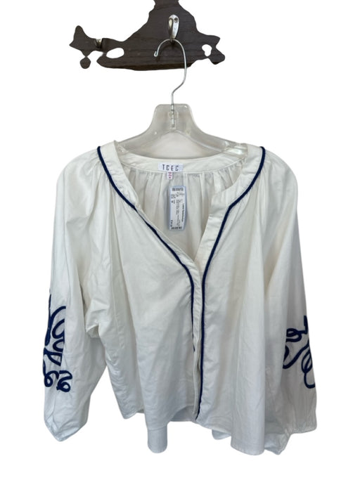 TCEC Size M White & Blue Cotton Long Sleeve Rope Detail V Neck Top White & Blue / M