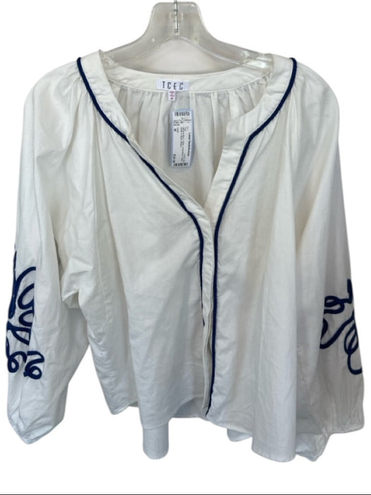 TCEC Size M White & Blue Cotton Long Sleeve Rope Detail V Neck Top White & Blue / M