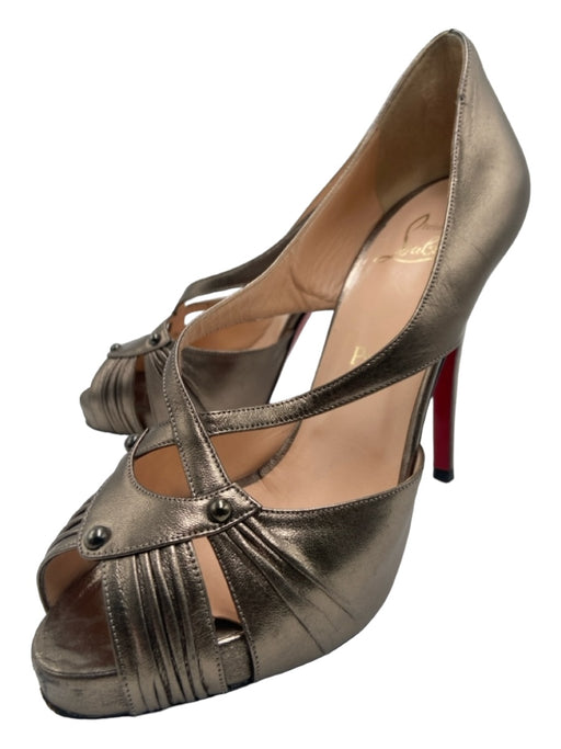 Christian Louboutin Shoe Size 39.5 Silver Leather Peep Toe Criss Cross Pumps Silver / 39.5