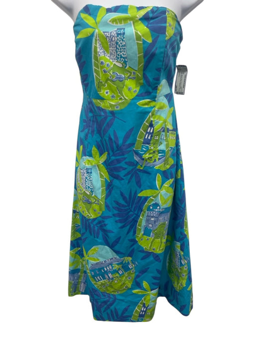 Lilly Pulitzer Size 6 Blue, Green & White Cotton Botanical Print Strapless Dress Blue, Green & White / 6