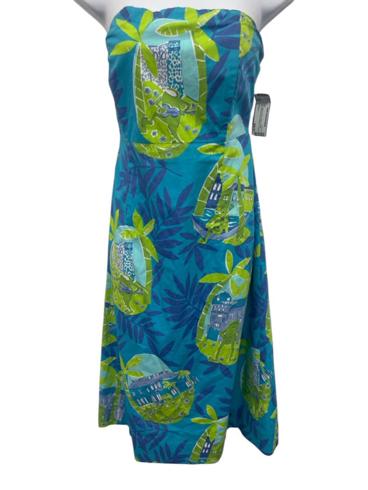 Lilly Pulitzer Size 6 Blue, Green & White Cotton Botanical Print Strapless Dress Blue, Green & White / 6