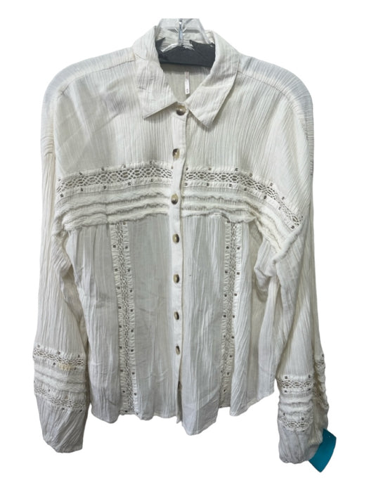 Free People Size M Cream White Cotton Blend Collared Button Up Gauze Top Cream White / M