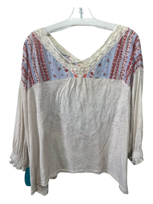 Free People Size L Blue Red & White Linen Blend Lace Detail Floral Dolman Top Blue Red & White / L