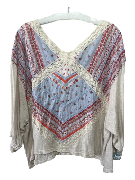 Free People Size L Blue Red & White Linen Blend Lace Detail Floral Dolman Top Blue Red & White / L