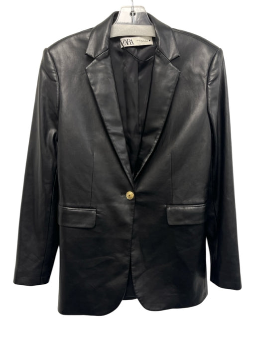 Zara Size M Black No Fabric Tag Faux Leather One Button Lapel Jacket Black / M