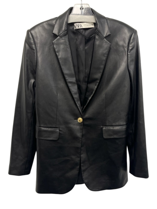 Zara Size M Black No Fabric Tag Faux Leather One Button Lapel Jacket Black / M