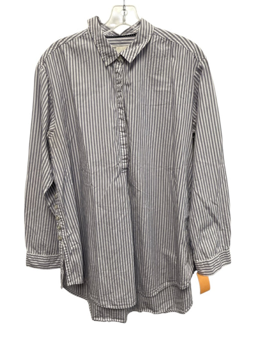 By Anthropologie Size M Blue & White Cotton Striped Button Front Long Sleeve Top Blue & White / M