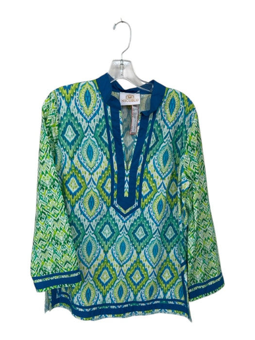 NicoBlu Size Est M Green & Blue Cotton Long Sleeve Ikat Tunic Top Green & Blue / Est M
