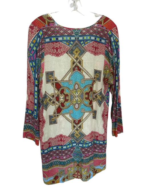 Johnny Was Size S Red & Blue Rayon Long Sleeve Kaleidoscope V Neck Dress Red & Blue / S