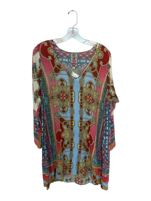 Johnny Was Size S Red & Blue Rayon Long Sleeve Kaleidoscope V Neck Dress Red & Blue / S
