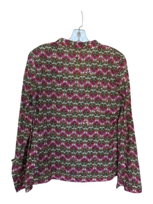 Tory Burch Size 4 Magenta & Green Cotton Long Sleeve Flowers Sequins Top Magenta & Green / 4