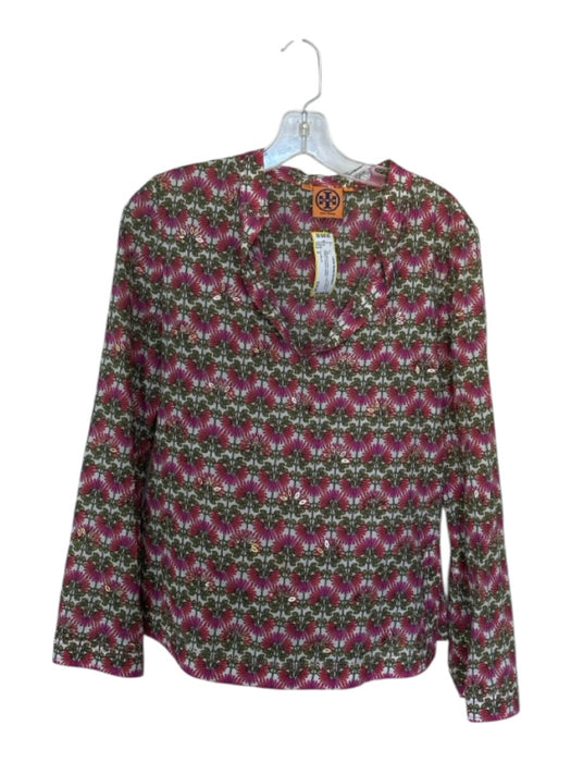 Tory Burch Size 4 Magenta & Green Cotton Long Sleeve Flowers Sequins Top Magenta & Green / 4