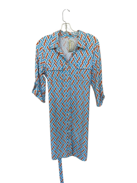 J. McLaughlin Size S Blue & Orange Nylon Long Sleeve Abstract Button Down Dress Blue & Orange / S