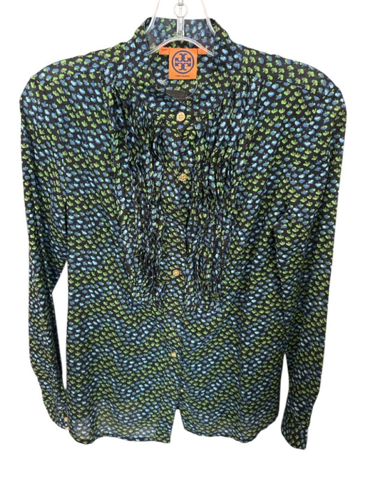 Tory Burch Size 4 Blue & Green Cotton Apple Gold Hardware Ruffle Accent Blouse Blue & Green / 4
