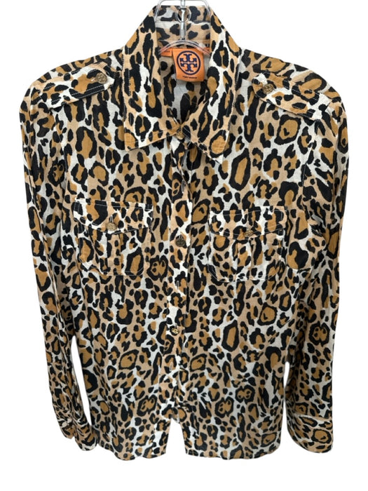 Tory Burch Size 4 Black & Brown Cotton Cheetah Gold Hardware Pockets Blouse Black & Brown / 4