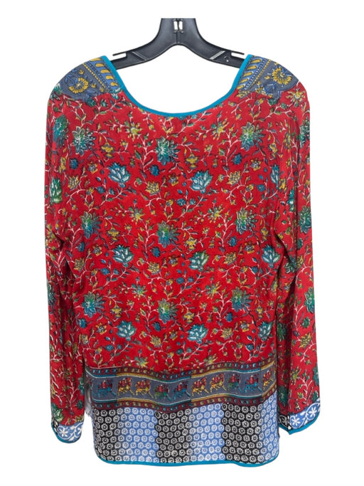 Tolani Size M Red Blue & Multi Silk V Neck Paisley Long Sleeve Top Red Blue & Multi / M