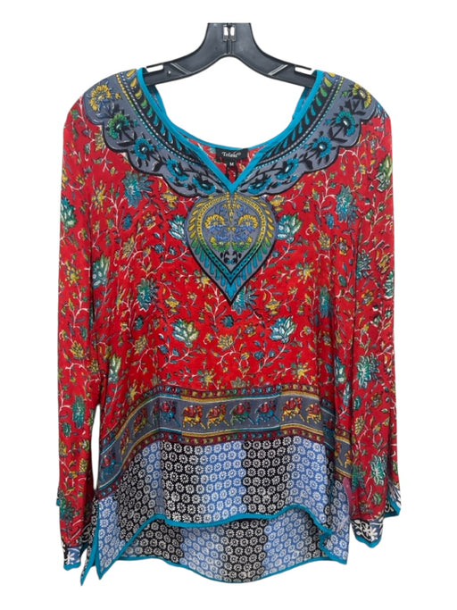 Tolani Size M Red Blue & Multi Silk V Neck Paisley Long Sleeve Top Red Blue & Multi / M