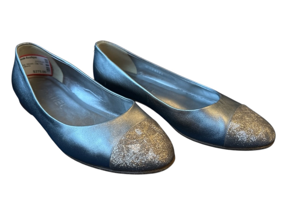 Chanel Shoe Size 36.5 Silver & Gold Leather Woven Cap Toe Metallic Flats Silver & Gold / 36.5