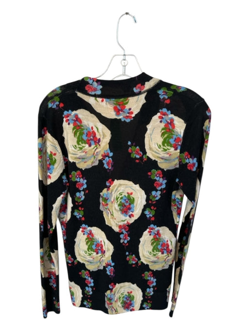 Tory Burch Size S Black & Tan Merino Wool Long Sleeve Flowers Cardigan Sweater Black & Tan / S