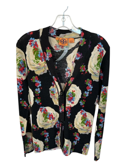 Tory Burch Size S Black & Tan Merino Wool Long Sleeve Flowers Cardigan Sweater Black & Tan / S