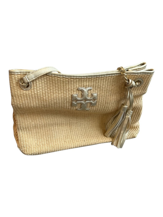Tory Burch Tan & Gold Straw & Leather Top Handles Chain Tote Bag Tan & Gold / M