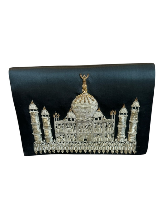 Black & Gold Sateen Embroidered Building Front Flap Bag Black & Gold / S
