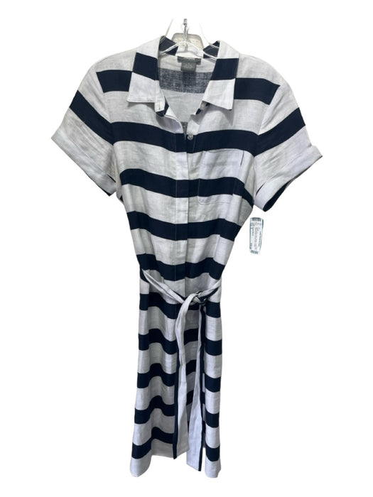 Neiman Marcus Size S Blue & White Linen Striped Cuffed Hem Chest Pocket Dress Blue & White / S