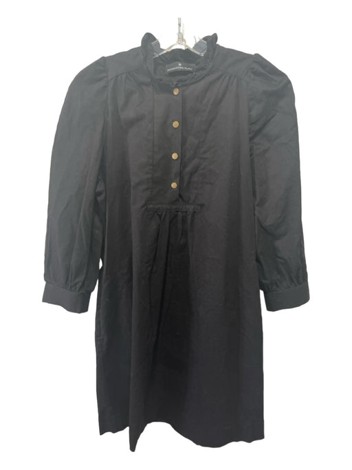 Pomander Place Size S Black Cotton Ruffle Neck 3/4 Sleeve 1/4 Button Shift Dress Black / S