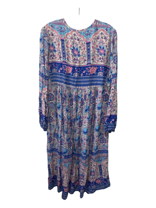 Walker & Wade Size S Blue Beige Pink Rayon Floral Paisley Round Split Neck Dress Blue Beige Pink / S