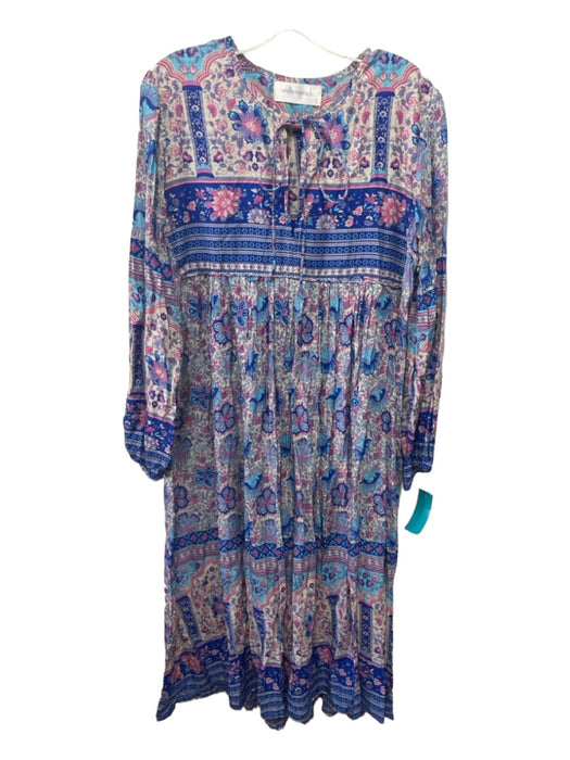 Walker & Wade Size S Blue Beige Pink Rayon Floral Paisley Round Split Neck Dress Blue Beige Pink / S