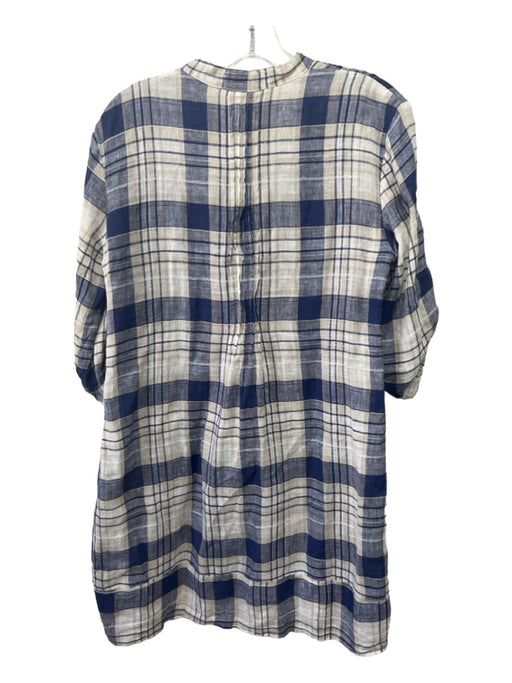 CP Shades Size XS Beige & Blue Linen Plaid Round Split Neck Pintuck Dress Beige & Blue / XS