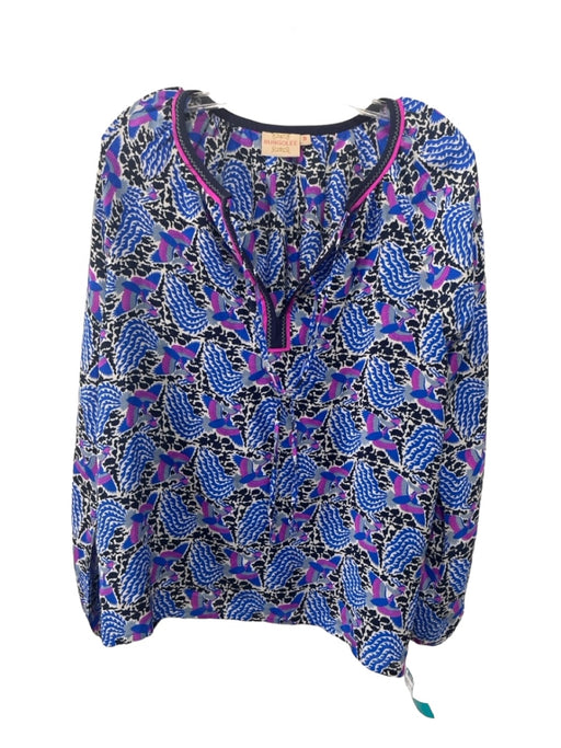 Rungolee Size S Blue Purple Black Abstract Bird Print Round Split Neck Top Blue Purple Black / S