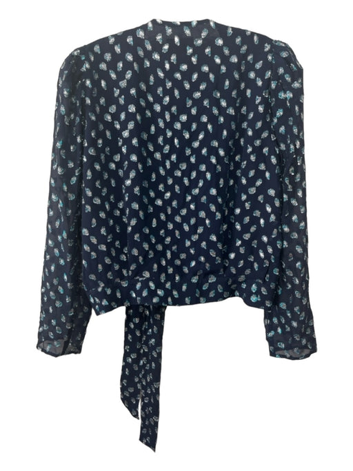 Tanya Taylor Size 6 Navy & Silver Silk Blend Wrap Long Sleeve Crop Top Navy & Silver / 6