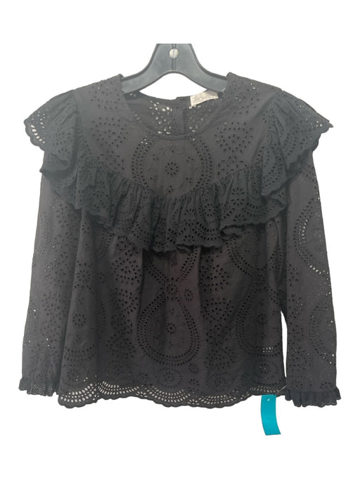 Loveshackfancy Size S Black Cotton Eyelet Long Sleeve Ruffle Back Button Top Black / S